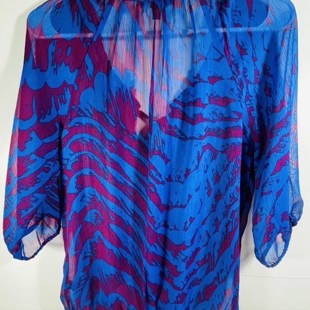 Express Blue & Magenta Sheer Abstract Peasant Blouse Size M – Boho Chic Flow Top - Picture 4 of 9